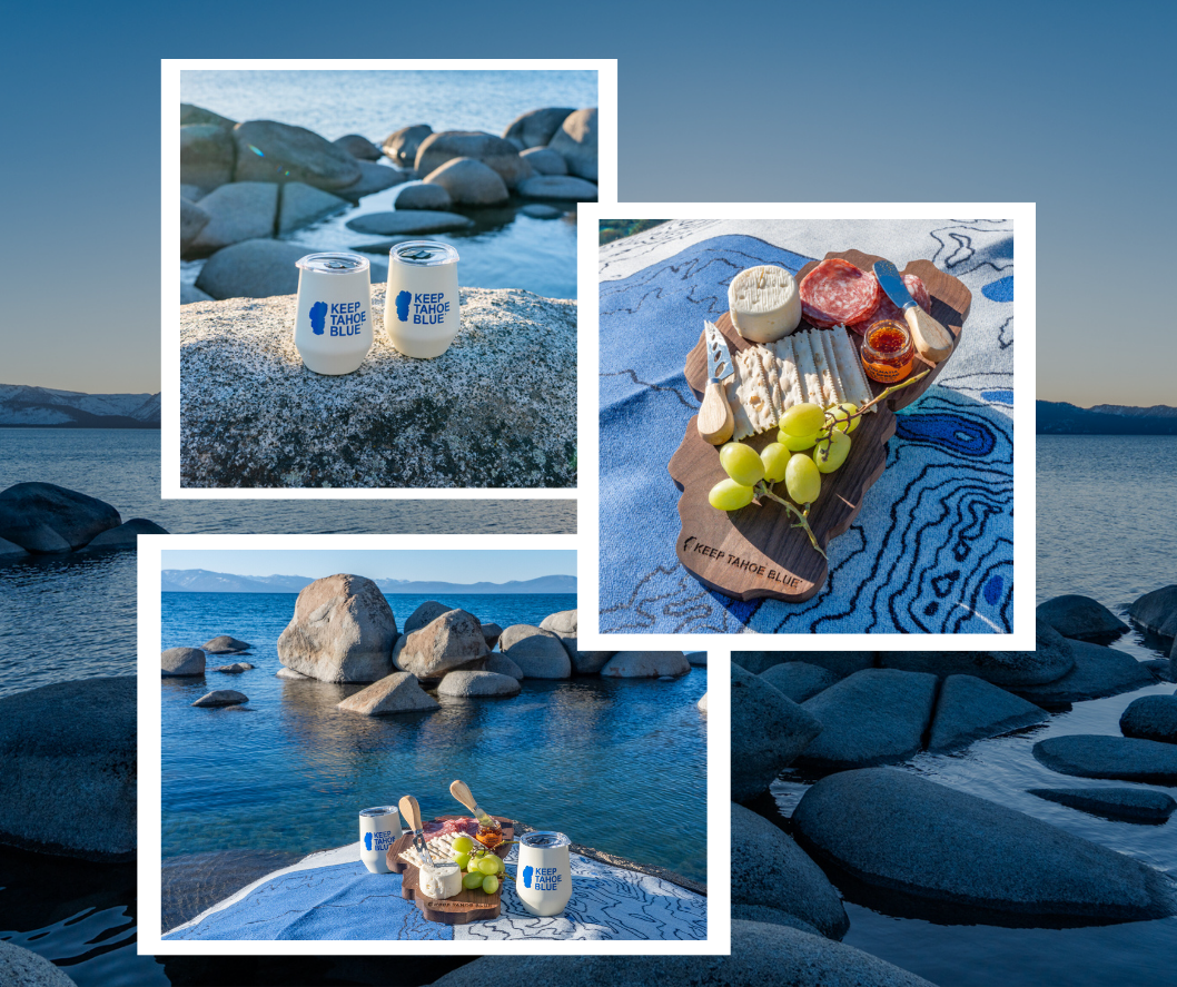 Collage featuring Keep Tahoe Blue home collection items including blankets, drinkware, and sustainable lifestyle products.