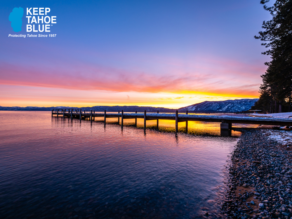 Image of a dock near Tahoe City, CA with Keep Tahoe Blue Logo