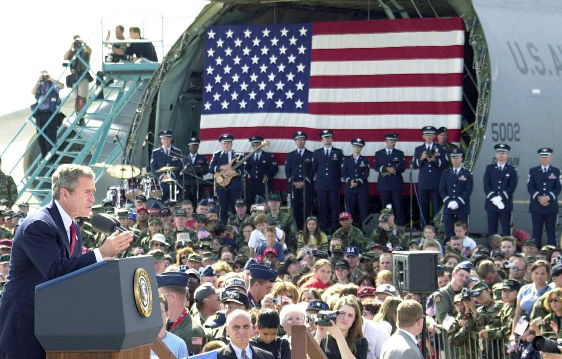 President George W. Bush addresses a crowd in 2001