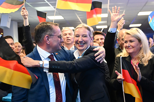 Alice Weidel, co-leader of the AfD, with Tino Chrupalla and Kristin Brinker
