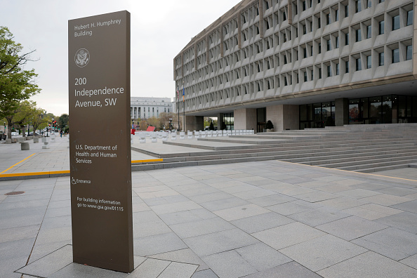 Signage for the Department of Health and Human Services headquarters in Washington, DC.