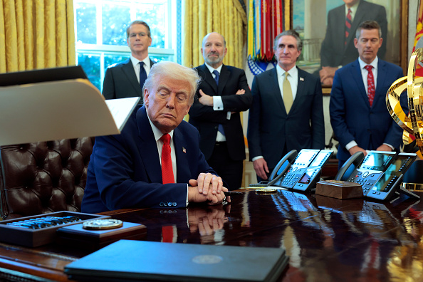 President Donald Trump prepares to sign executive orders on April 09, 2025 in Washington, DC.