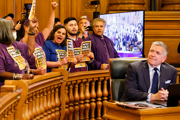 Workers from IFPTE Local 21, SEIU Local 1021, and the San Francisco Building Trades hold a protest