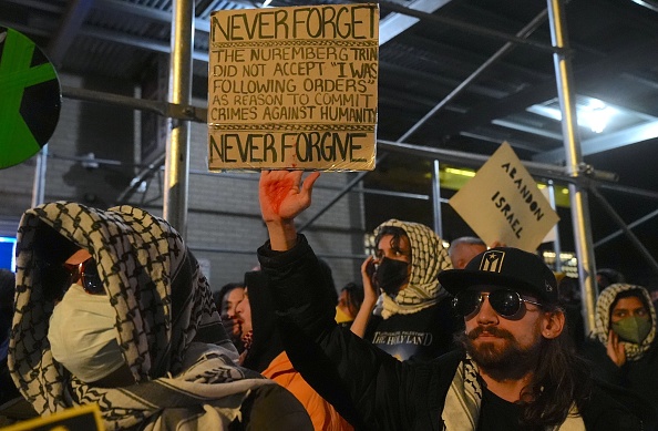 Pro-Palestinians gather at 'No Settlers on Stolen Land' protest at the Park East Synagogue in Manhattan
