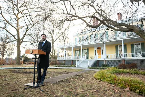 Mayor Zohran Mamdani speaks at a press conference during moving day at Gracie Mansion