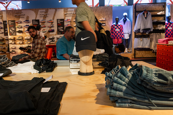 Nike products are displayed in the athletic company's store on Broadway in Manhattan