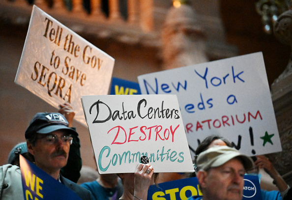 A rally in support of New York legislation that would put a moratorium on new data centers