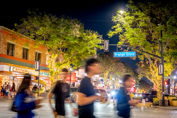 Scenes on the pedestrian mall on Palm Avenue in California
