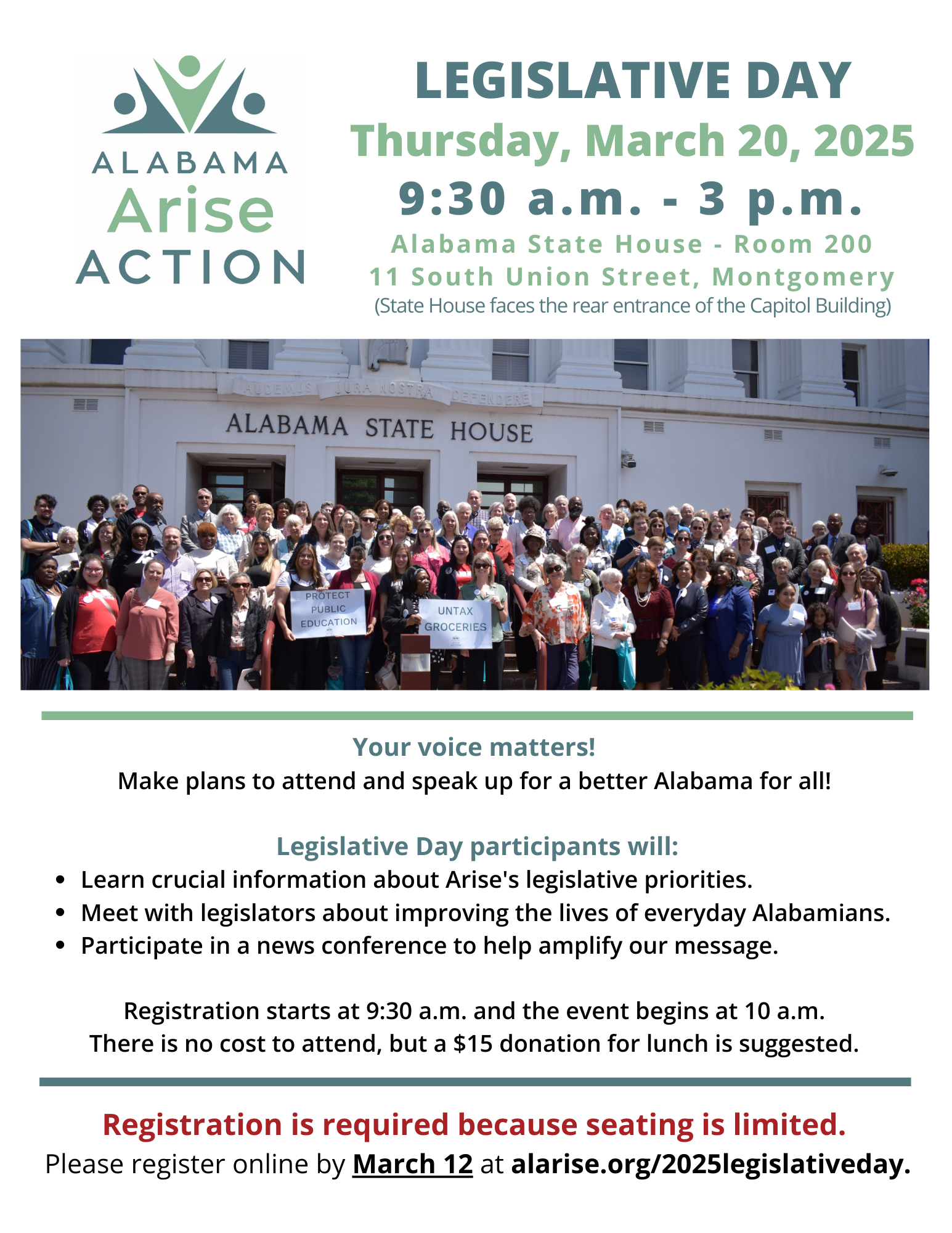 Flyer featuring crowd in front of Alabama State House with details for 2024 Legislative Day.