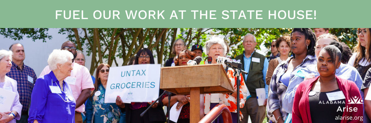 Fuel our work at the state house. An image of many different people. A woman speaks into several microphones.