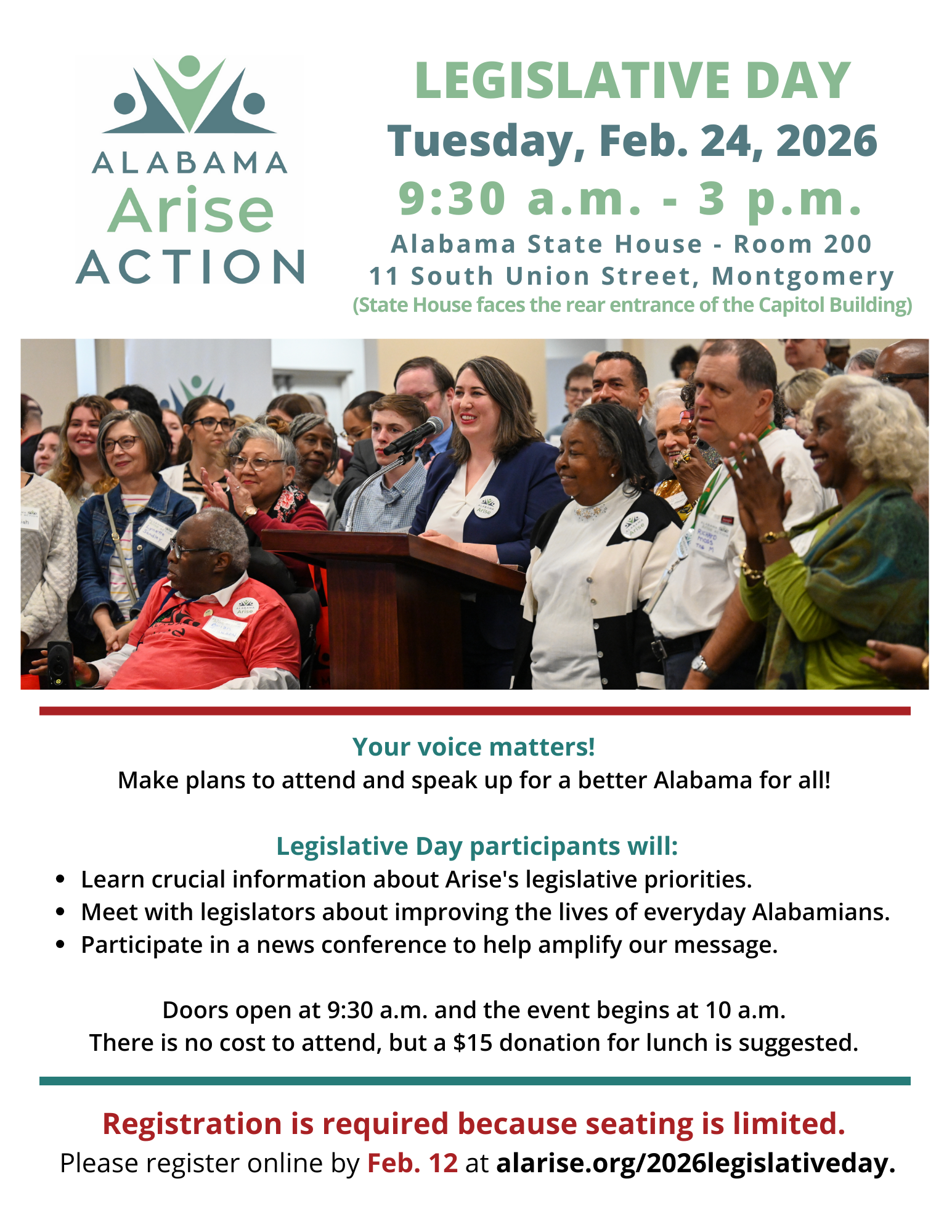 Flyer featuring crowd in front of Alabama State House with details for 2024 Legislative Day.