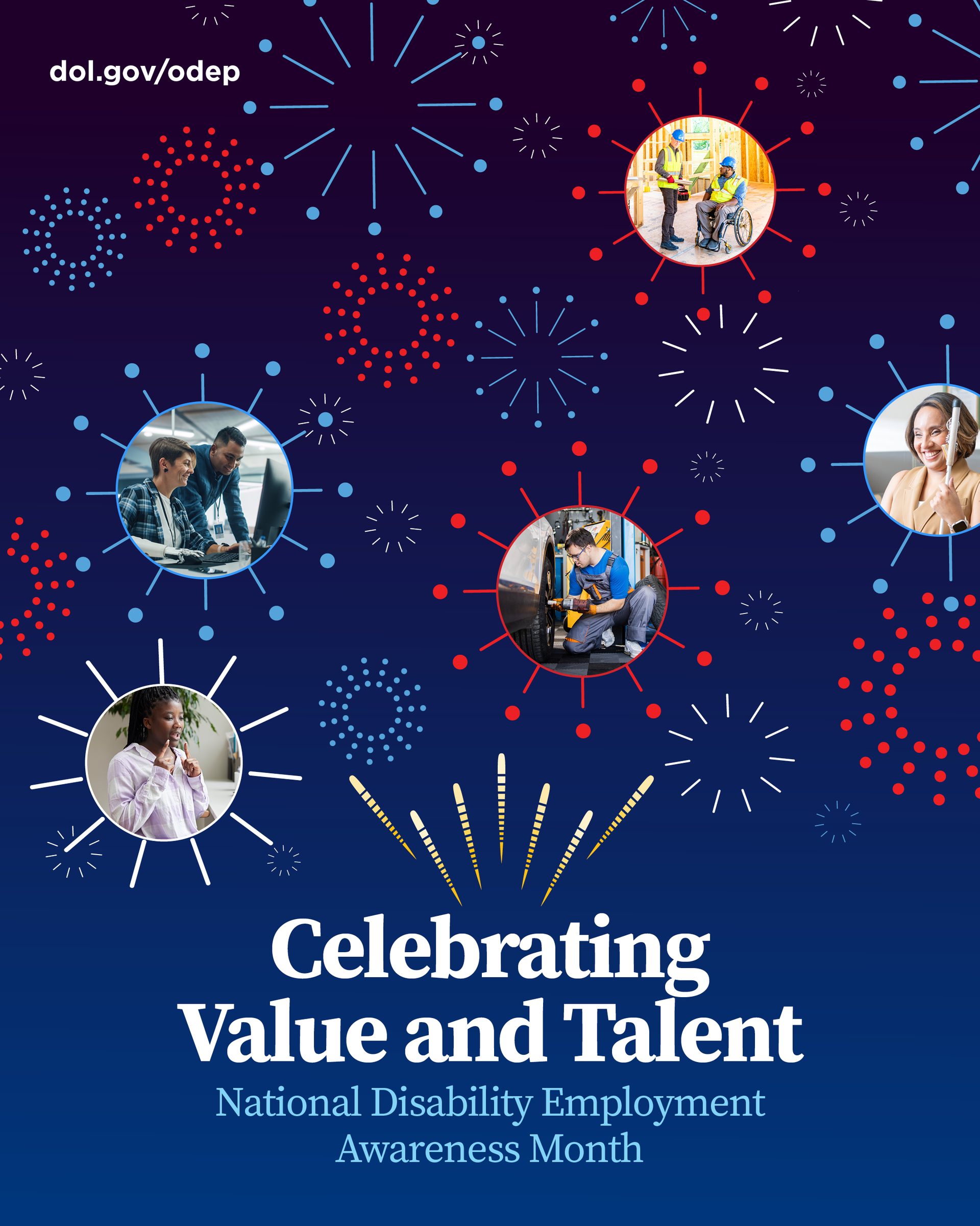 A fireworks style graphic pops up pictures of people with disabilities doing their jobs. The text says 