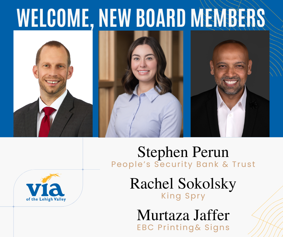 welcome, new board members features pictures of Stephen Perun, Rachel Sokolsky and Murtaza Jaffer.